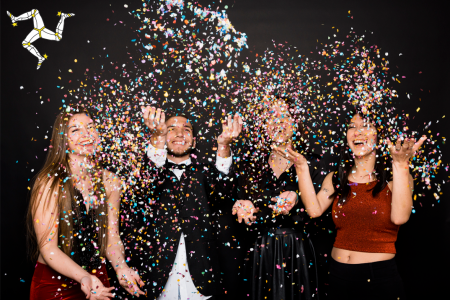 IoM Live stream capturing moments Group of happy guests celebrating and throwing confetti into the air during an event — captured in high-quality live-stream style, showing the joyful atmosphere IoM Live Stream can broadcast to viewers anywhere.